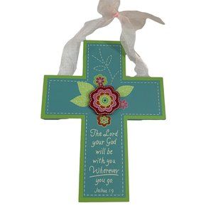 Wood Green Blue Cross Wall Hanging Joshua 1:9 Wherever You Go Flower Dorm Home